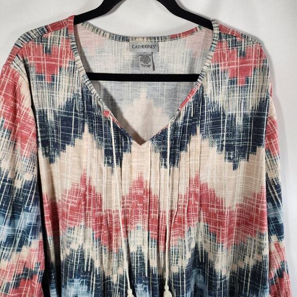 Catherines Popover Linen Blend Blouse Size 3X Southwestern Tasseled 3/4 Sleeve - Picture 3 of 8